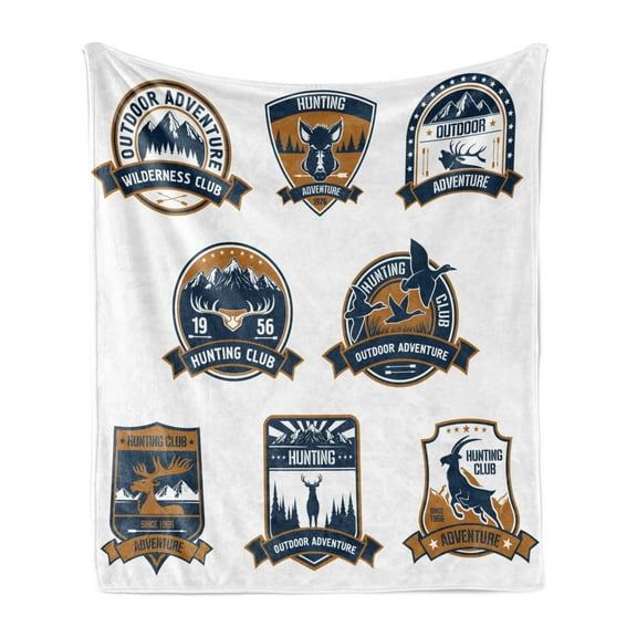 Hunting Soft Flannel Fleece Throw Blanket, Shield Set Hunting Sports Club Emblems with Animals, Cozy Plush for Indoor and Outdoor Use, 70" x 90", Dark Blue White Brown, by Ambesonne