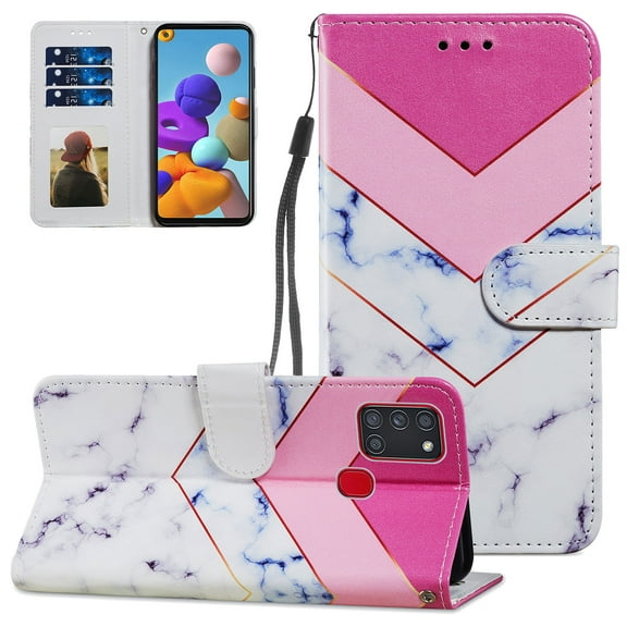 Case for Samsung A21S 5G Cover for Galaxy A21s(Not Fit A21),Allytech Folio PU Leather and TPU Inner Anti-Scratch Folding Stand Wallet Case with Removable Lanyard for Galaxy A21S 6.5",Pink White Marble