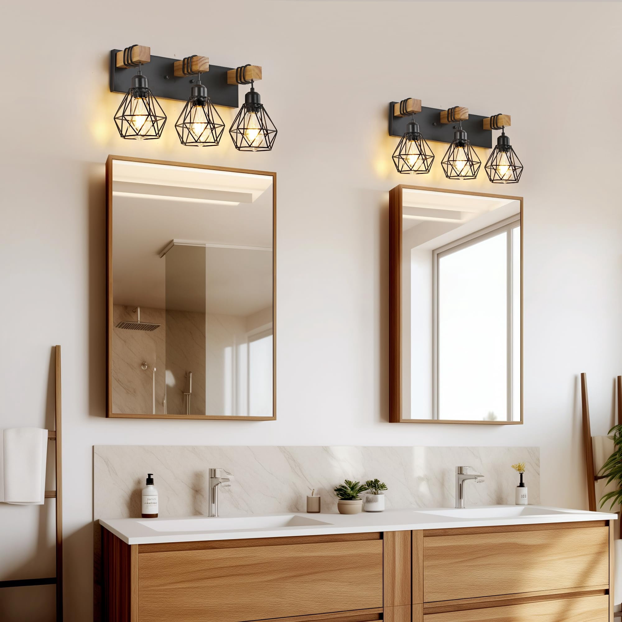 Black 3-Light Vanity Light Wood Metal Wall Fixture For Bathroom Bedroom Living Room Hallway