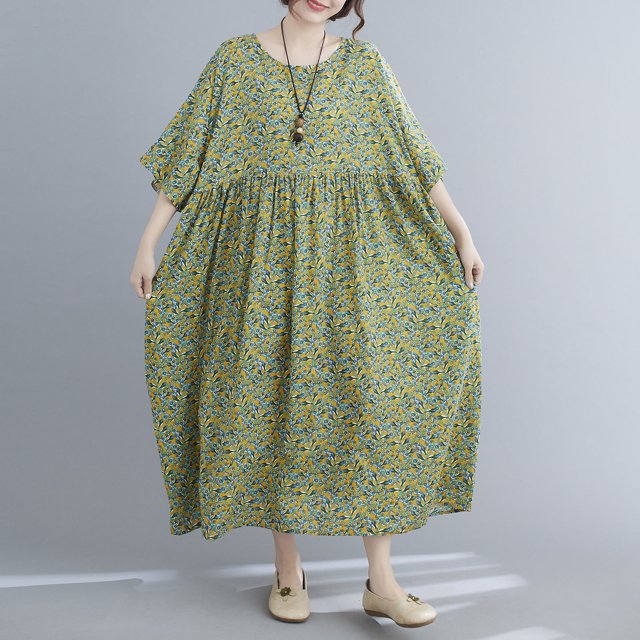 Vestido vintage de lino y algodón para mujer, estampado floral, cuello redondo, media manga