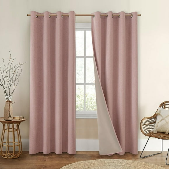 HOMEIDEAS 100% Blackout Curtains for Bedroom Blush Pink Linen Curtains 84 Inch Length 2 Panels Set Black Out Curtains for Living Room Nursery, Thermal Insulated Grommet Window Drapes