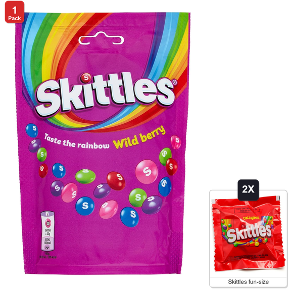 Skittles Wild Berry Fruit-Flavored Chewy Candy, 1 Pouch, 136 g, with 2 Skittles Fun Size