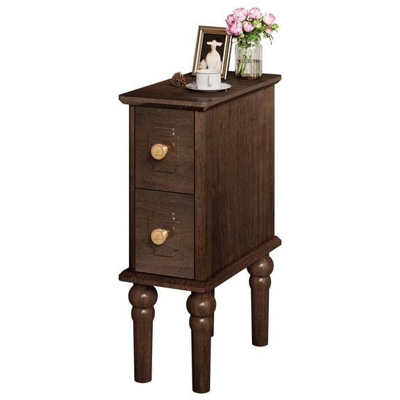Solid Wood End Table, Walnut Narrow Side Table with Drawers, Small Nightstand Skiny Beside Table for Small Space, Living Room, Bedroom, 8" Width