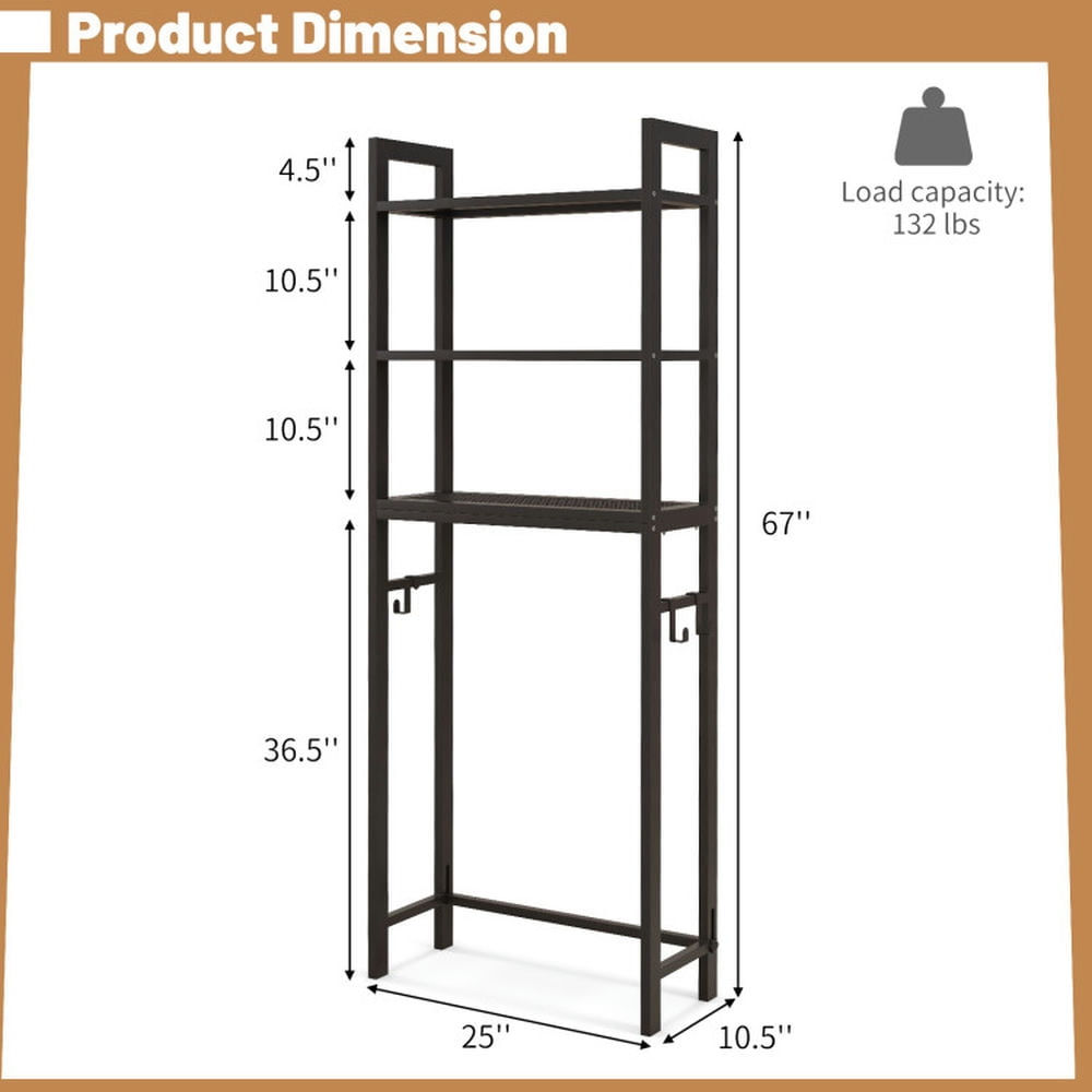 Finihen Toilet Storage Rack, Toilet Storage Shelf, Over-The-Toilet Storage Shelf Space Saving Metal Bathroom Organizer Hooks, for Bathroom, Brown