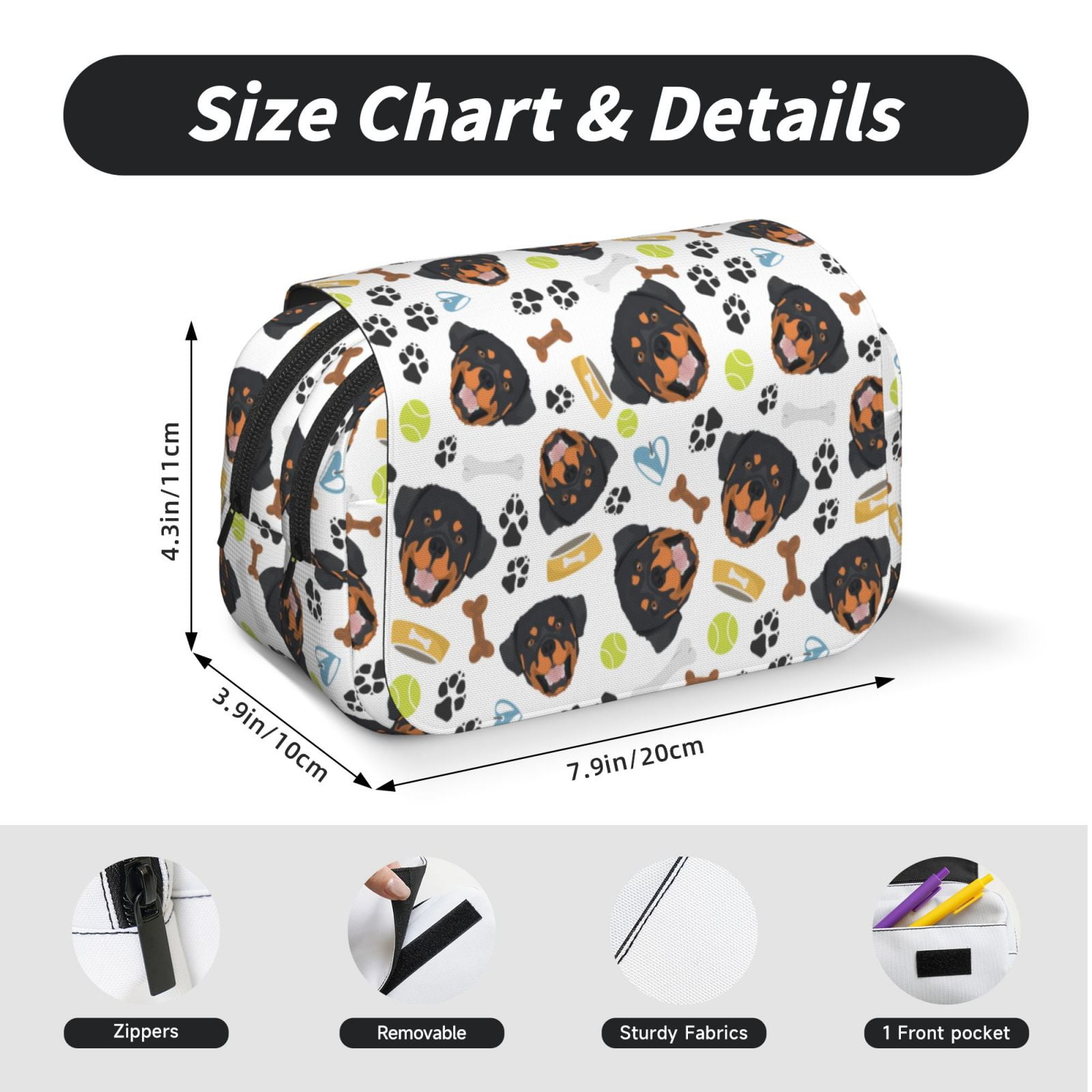 Rateoe Rottweiler Pattern Double Clamshell Pen Case, Storage Organizer with Two Zipper Compartments– Holds Up to 50 Pencils & Pens