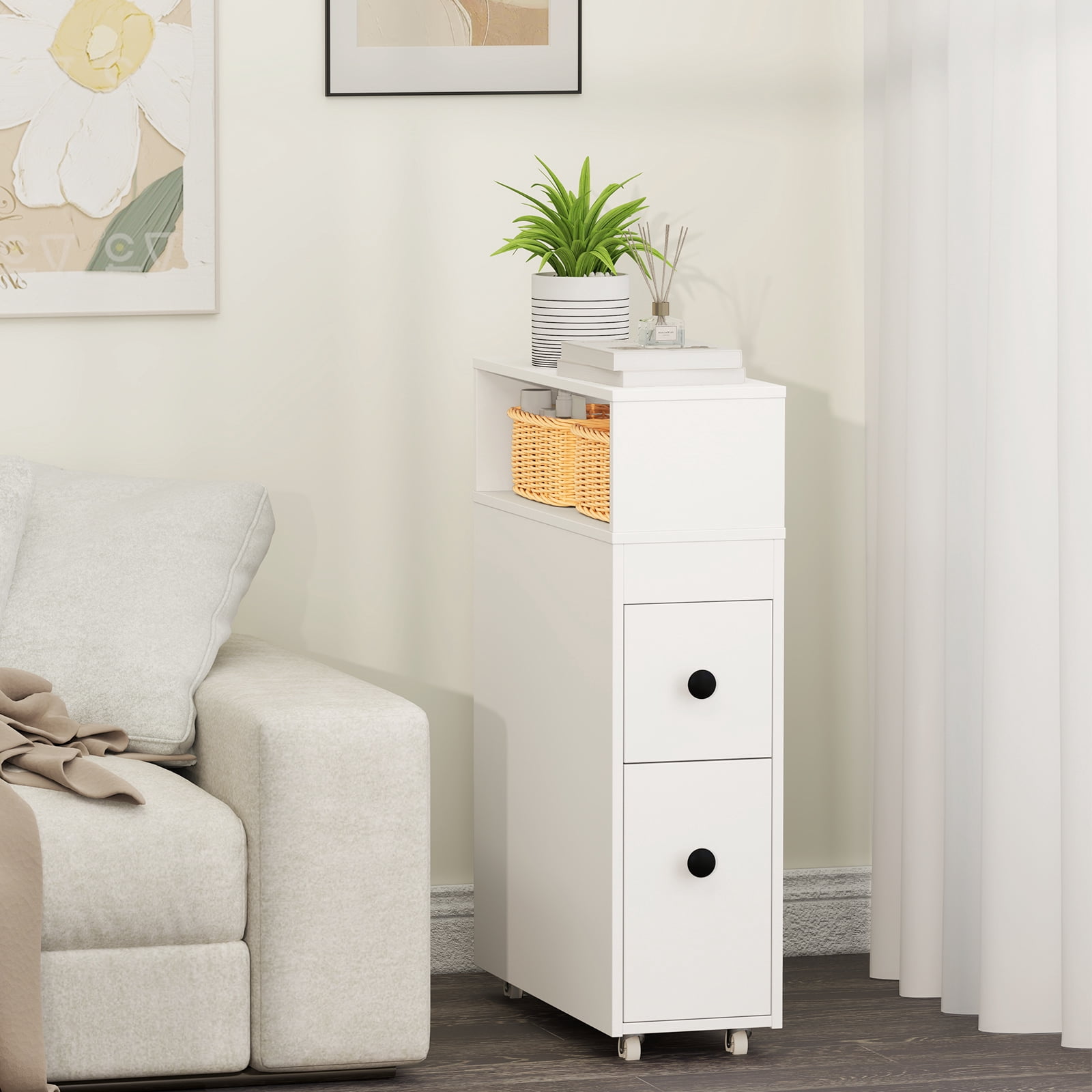 Giantex Narrow Side Bathroom Storage Cabinet, Toilet Storage on Wheels, Space Saver Rolling Storage Cabinet for Small Spaces