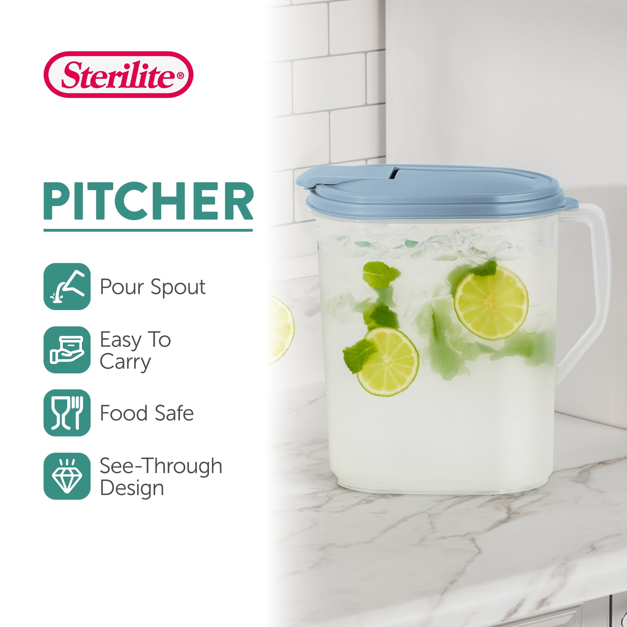 Sterilite 1 Gallon Plastic Hinged Pitcher with Comfort Grip Handle, Blue, 12 Pack