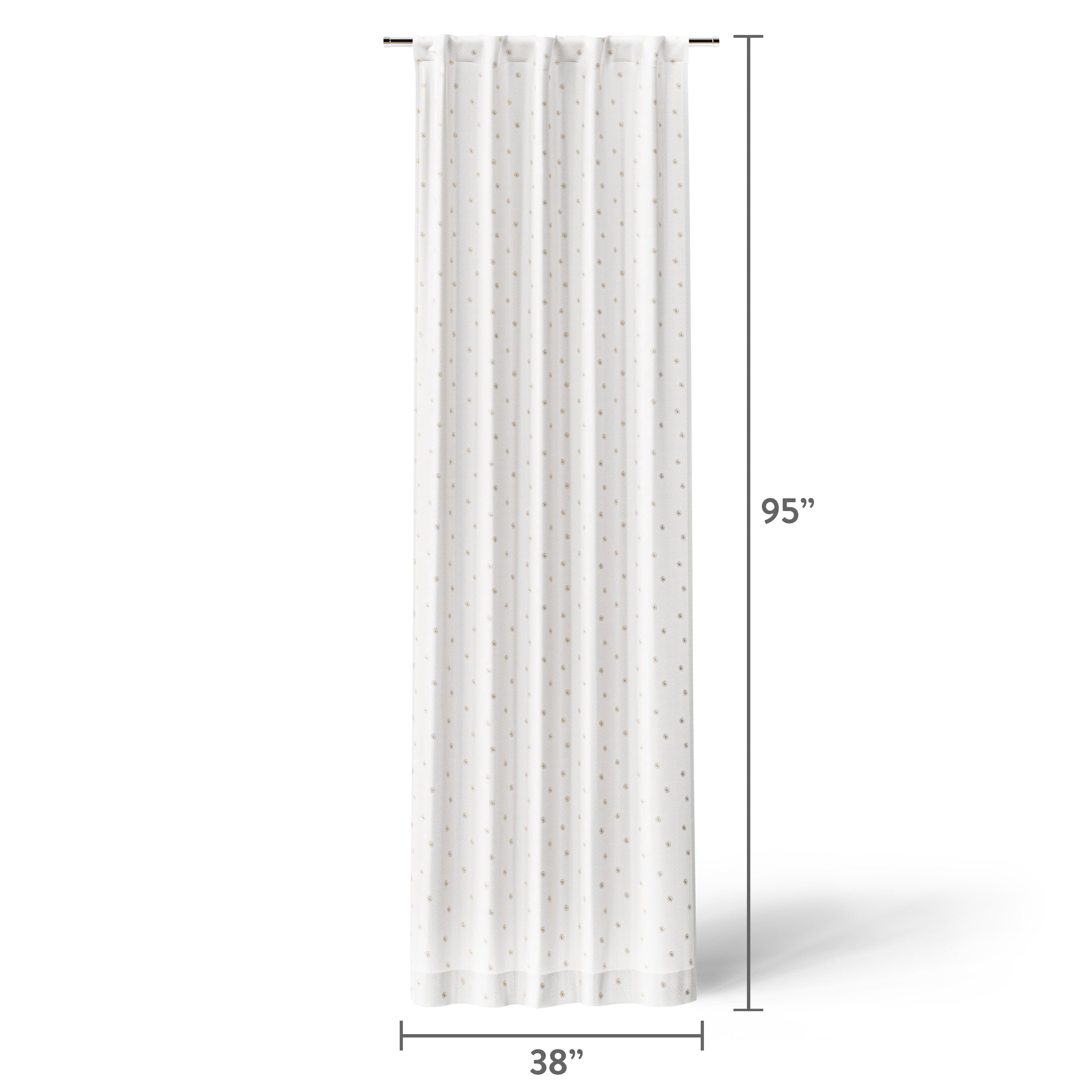 Mainstays Kids White and Metallic Gold Sun Sheer Overlay Blackout Rod Pocket with Back Tabs Single Curtain Panel, 38" W x 95" L
