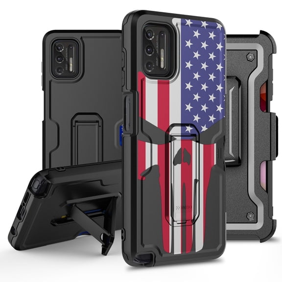 ANJ  Rugged Hybrid Shockproof Case w/Kickstand   Holster Clip Card Slot Cover for Motorola Moto G Stylus (2021 Release) - American Skull