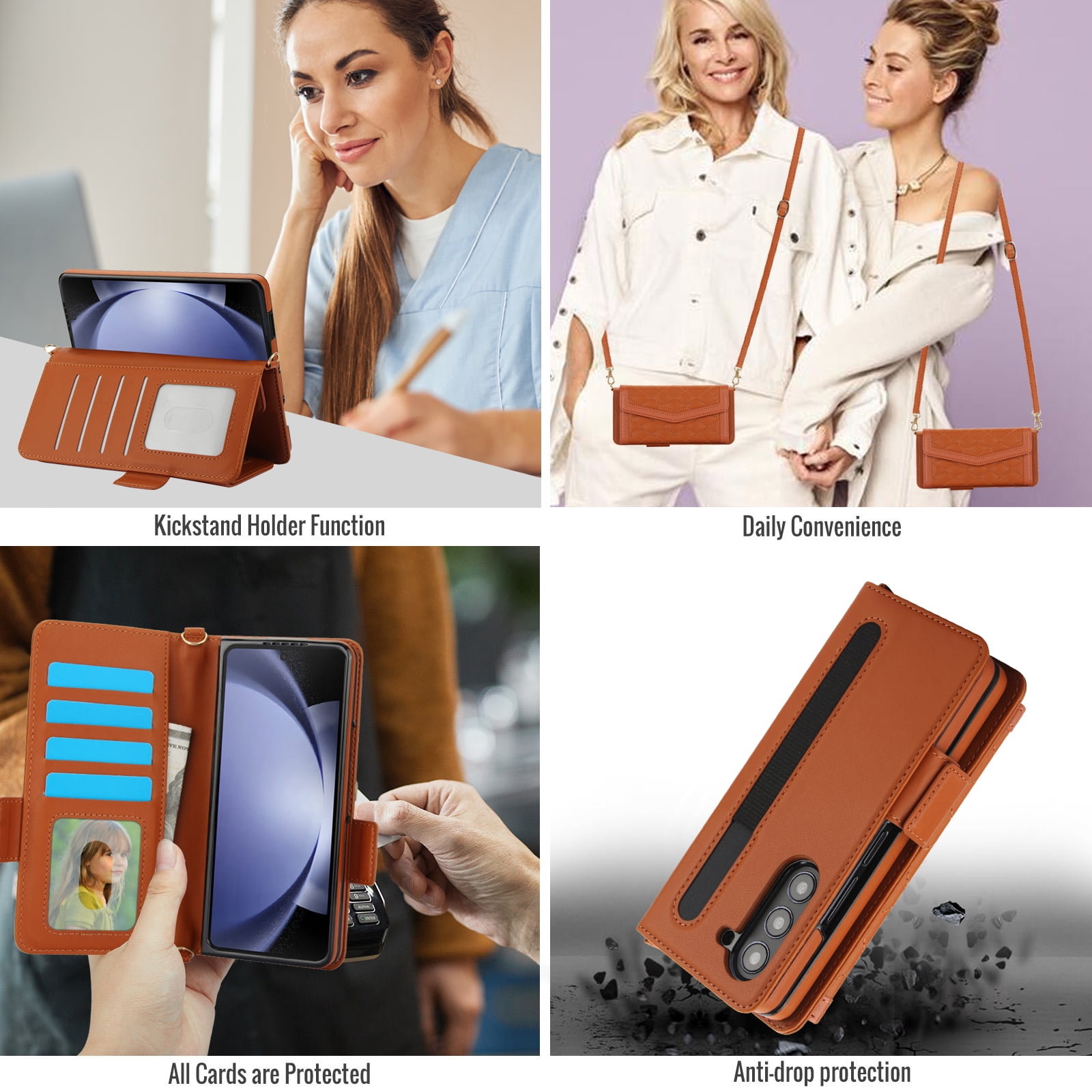 Dteck for Samsung Galaxy Z Fold 6 Wallet Case with S Pen Holder for Women, Crossbody Wallet Z Fold 6 Phone Case with 12-Card Slots, PU Leather Flip Case with Strap Wristlet & Shoulder Strap,Brown