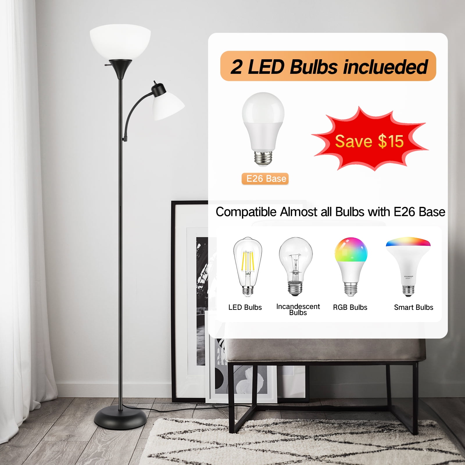 OUTON 71" Floor Lamp with Reading Light clearance, Modern 3 Color Temperature Torchiere Standing Lamp for Living Room Bedroom Office, Black, LED Bulbs Included