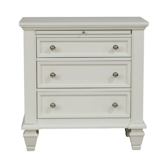 Benjara Lila 30 Inch Nightstand with Slide Out Tray, Felt Lined Top Drawer, White