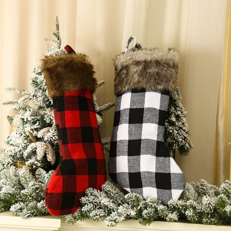  EDLDECCO 20 Inches Christmas Stocking Buffalo Check with  Knitted Cuff Black and White Plaid Home Xmas Tree Mantel Holiday Decoration  Ornaments : Home & Kitchen