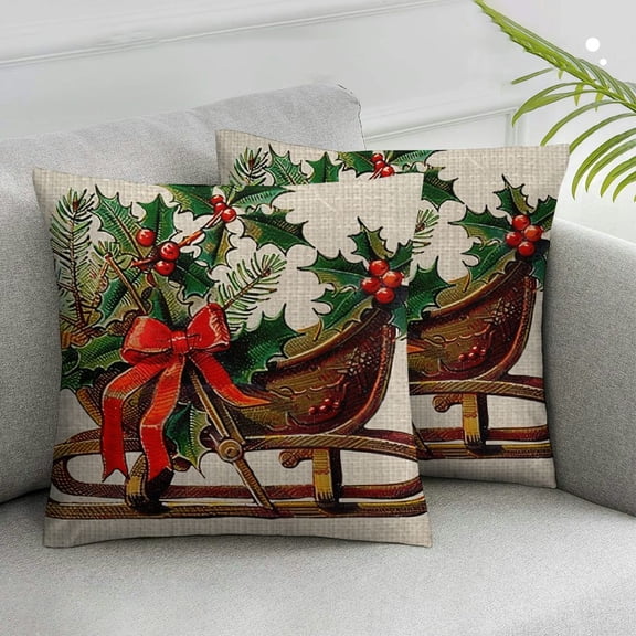 Acheng Vintage Christmas Pillow Covers for Christmas Decorations, Red Retro Christmas Sleigh Rides Reindeer, Rustic Country Holiday Decor Throw Pillows Cases,2 Pcs White