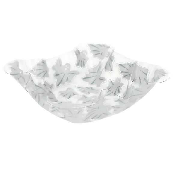 (1) White Ghost-Design Halloween Novelty Plastic Ruffle Serving Bowl 10.5in Home Kitchen Party Favor Treats Snack Dish Container Candy Holder Fruit Tray Tableware Decoration