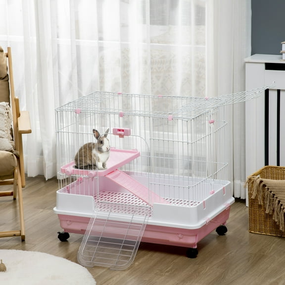 Pawhut 32”L Small Animal Rabbit Cage with Wheels, Pink, 2-Level, Indoor