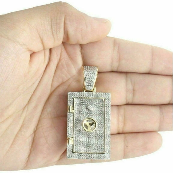 Aishvi Jewels 2Ct Round Cut Real Moissanite Vault Safe Box Pendant 14K Yellow Gold Plated Free Chain 18"