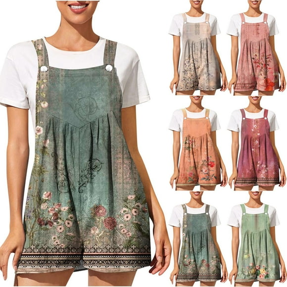 DDAPJ pyju Rompers for Women 2025 Trendy Boho Floral Shorts Jumpsuits Summer Casual Loose Sleeveless Bib Overalls Wide Leg Short Romper with Pockets Flash Sale Today Orange XXL