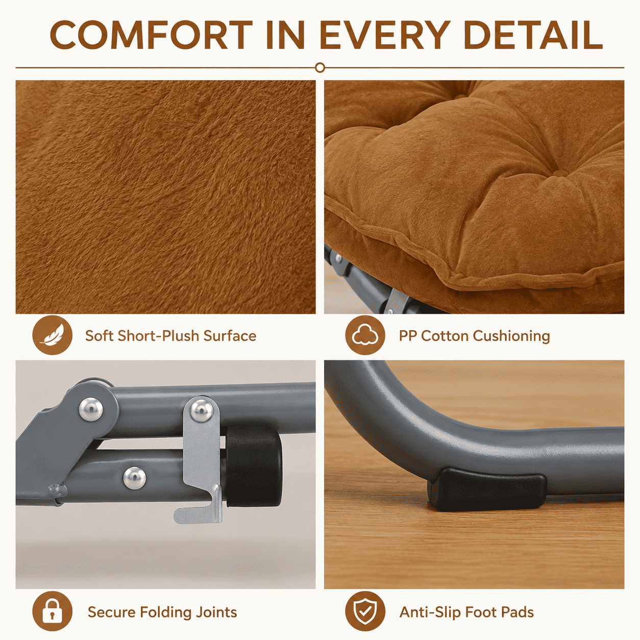 CLOUDREST PRO Soft Plush Folding Saucer Chair for Adults, Padded Round Lounge Seat, Metal Frame, 300 lb Capacity, Brown