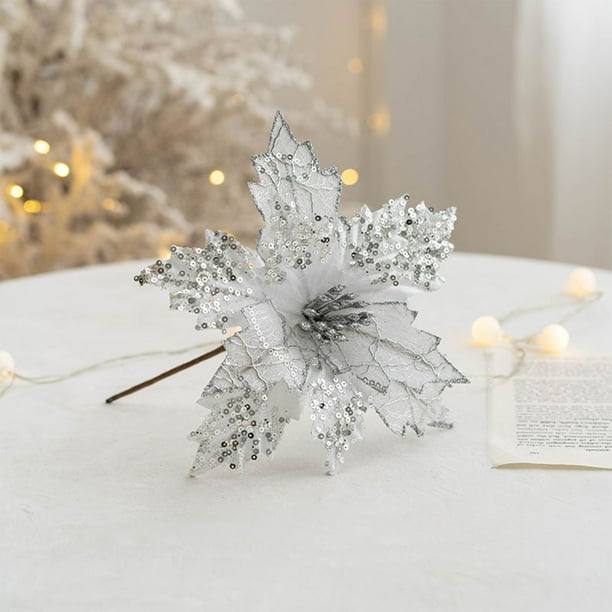 Flores para árbol de Navidad en color champán, burdeos y dorado | Palitos florales decorativos de tela 3D hechos a mano para decoración de bodas, fiestas y hogar