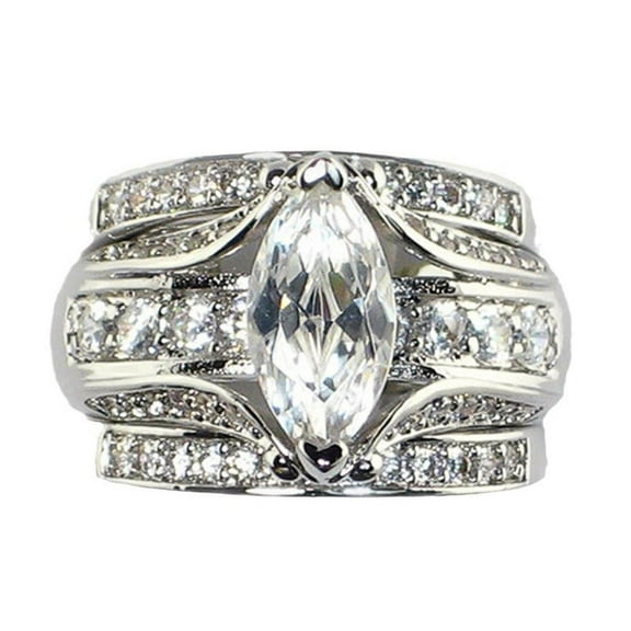 VOLALO 3pcs in 1 His and Hers Wedding Ring Sets Couples Engagement Rings Women and Men 925 Sterling Silver AAA Cubic Zirconia Marquise Geometric