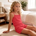 thumbnail image 6 of Amidoa Girls Summer 2 Piece Outfits Kids Solid Color Spaghetti Straps and Shorts Casual Cute Clothing Sets Red Size 7, 6 of 8