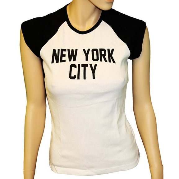 Ladies Raglan John Lennon T-Shirt Womens New York City Tee Rib Cap Sleeve Junior-Large White