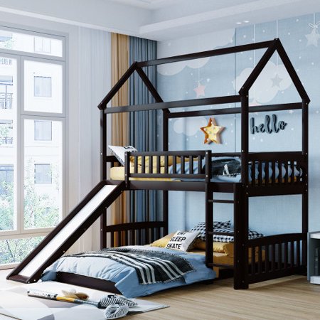 Dsseng Twin Over Twin Bunk Bed with Slide  House Bed with Slide  Espresso