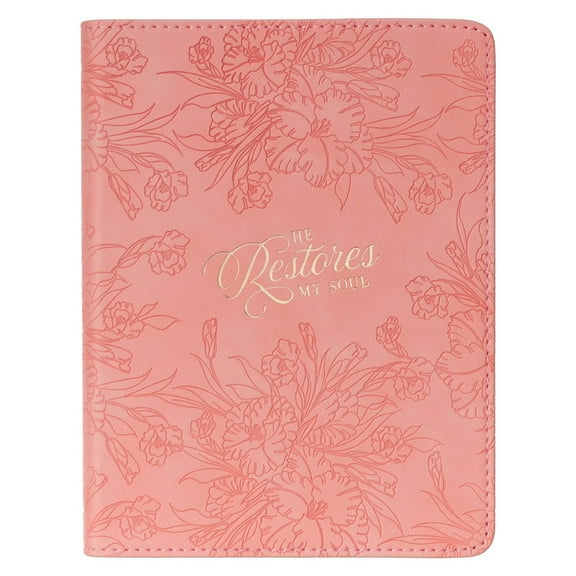 Christian Art Gifts Inspirational Handy-sized Journal, He Restores My Soul Wide Ruled Notebook, Psalm 23:3 Bible Verse, Pink Vegan Leather Floral, 240 Lined Pages w/scripture, (7.2” x 5.4” x .75”)