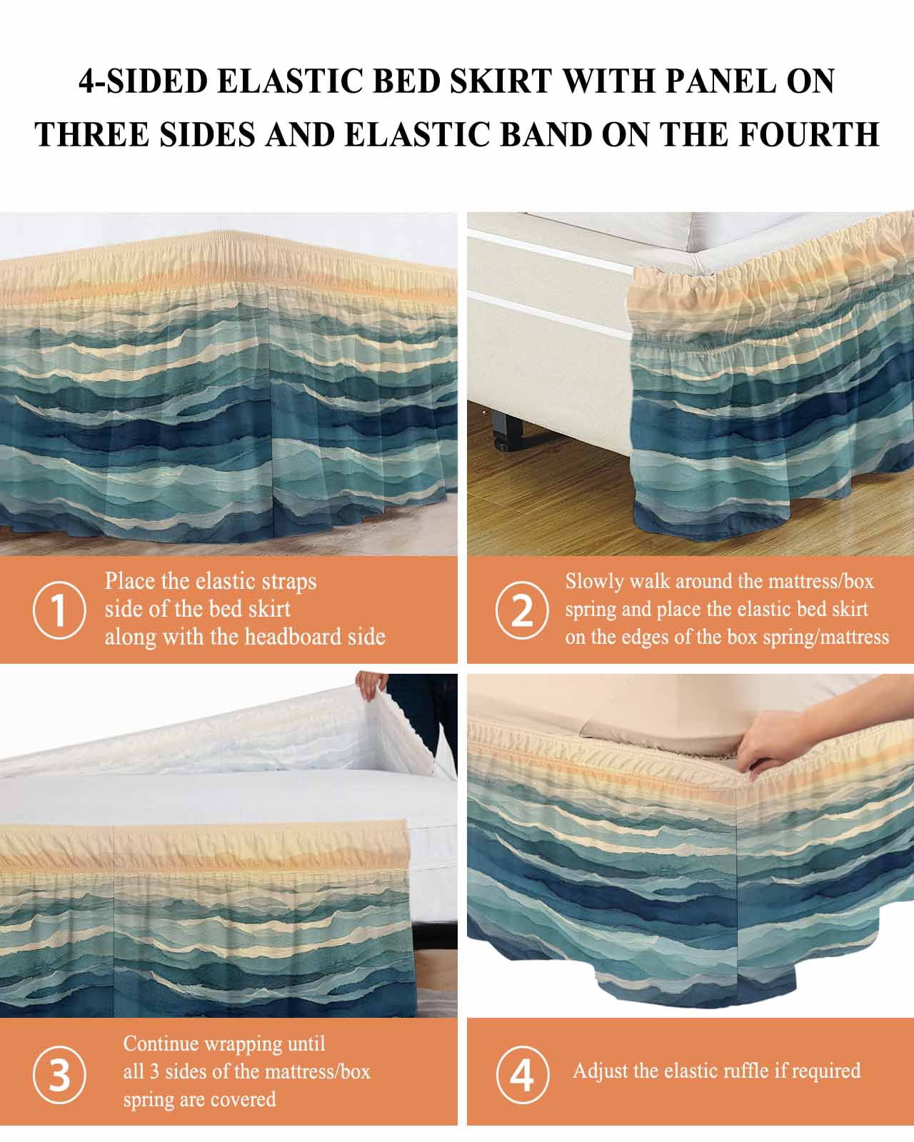 Abstract Ocean Bed Skirt California King Size 18 Inch Drop, Dark Blue Ripple Sunset Minimalist Art Wrap Around Dust Ruffle Bedskirts, Easy Fit Bedskirt with Adjustable Elastic