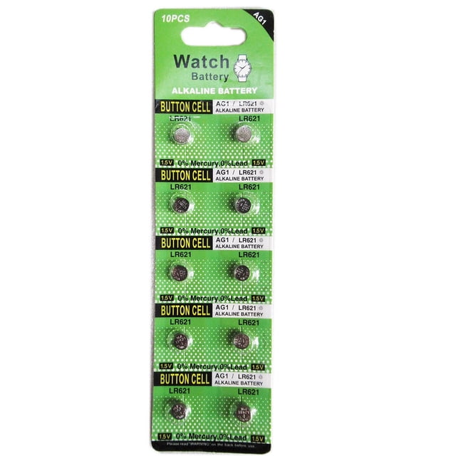 10ct/Card SR621 AG1 LR621 364 164 1.5v Button Coin Cell Watch Calculator Battery Batteries. A card of 10 alkaline button batteries compatible with SR621, AG1, LR621, 364, and 164 models. Designed for use in watches, calculators, mini toys, and other electronic devices. Features long-lasting power, stable 1.5 voltage, and low self-discharge for durability. The packaging highlights 0% mercury and lead for safety.