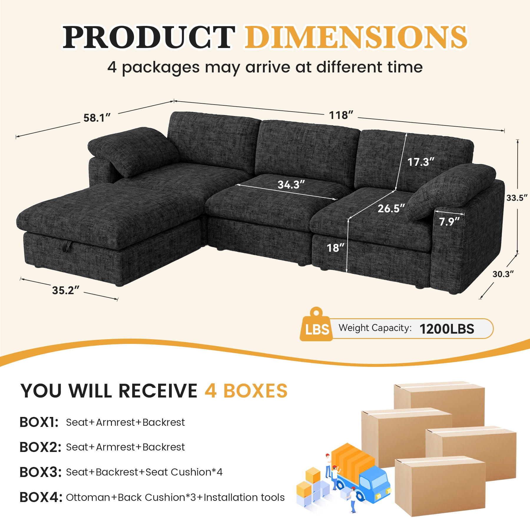 MOONMISS 118" Oversized Modular Sectional Sofa, L Shaped 3 Seaters with Storage Ottoman Cloud Couch Sofa Set, Modern Convertible Chenille Deep Seat Sectional Couches for Living Room,Black