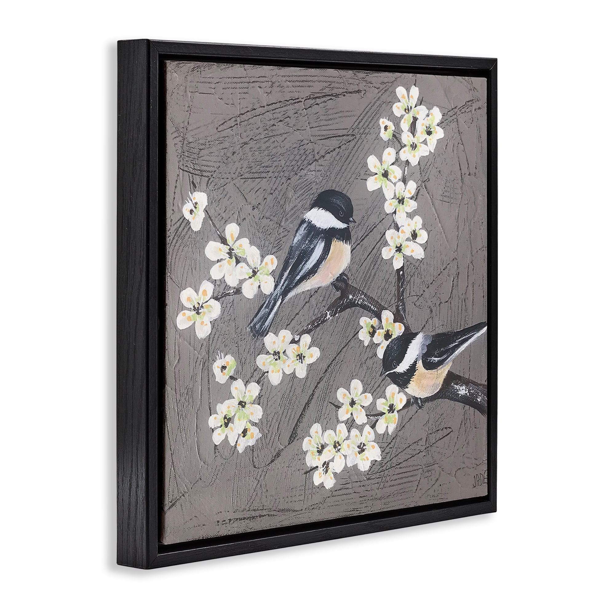 Stupell Industries Birds & Apple Blossoms Animals & Insects Painting Black Floater Framed Canvas Art Print Wall Art, 25 x 25