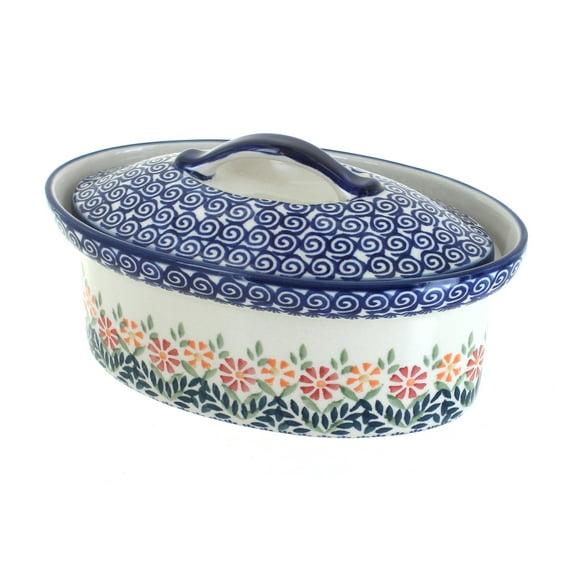 Blue Rose Polish Pottery Garden Bouquet Small Oval Covered Baker