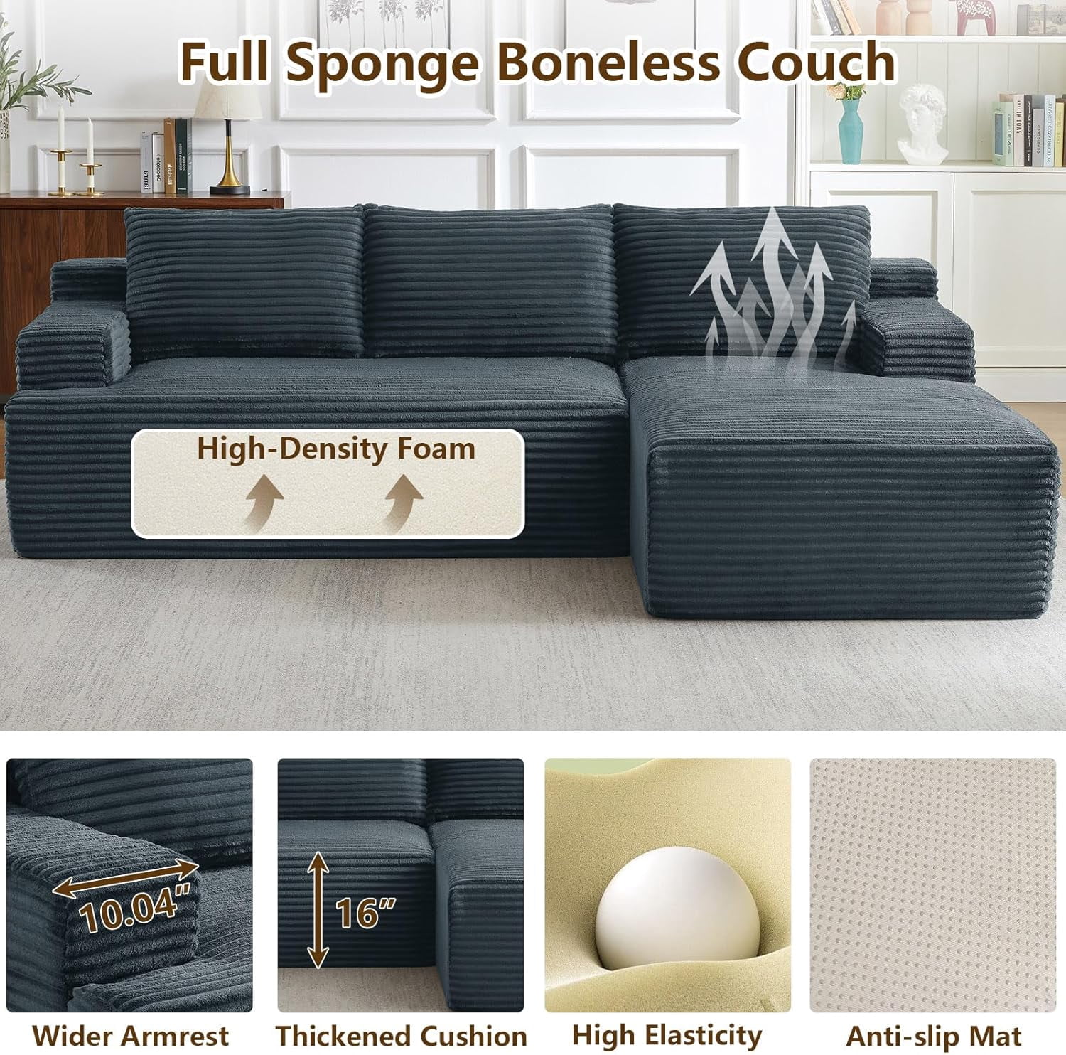 96" Boneless Cloud Couch with Chaise, Modular Sectional Sofa for Living Room, No Assembly Required, Deep Seat Corduroy Couch, Dray Gray
