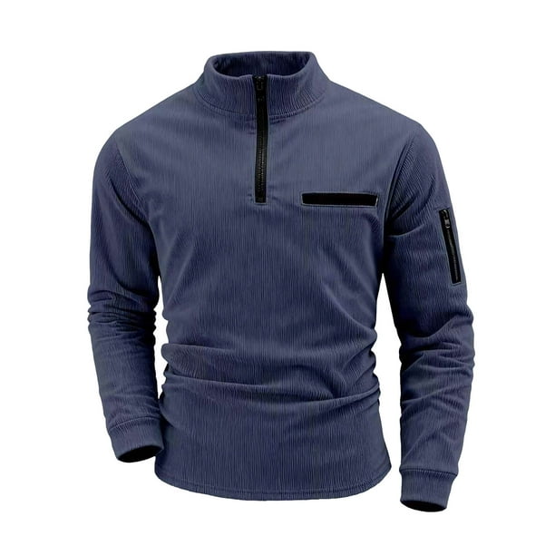 Ceisia Men's Summer Gift Casual Solid Color Corduroy Zipper Stand Up Collar Long Sleeve Top - Comfortable Daily Outdoor Wear