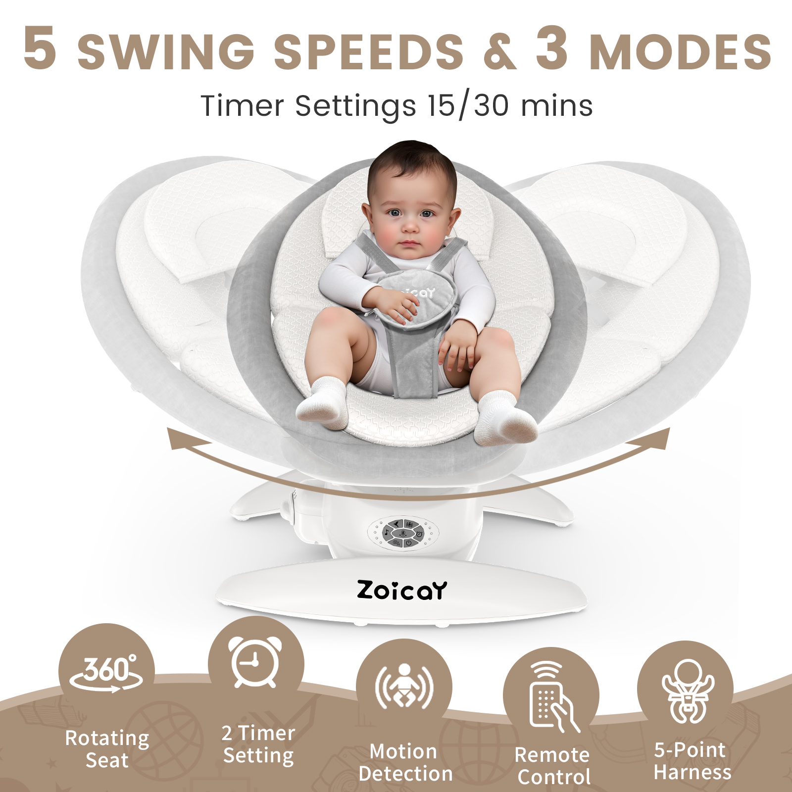 Zoicay Baby Swing, Baby Rocker Stationary Seat Infants Swing 3-IN-1 Design,  Motion Detection, 5 Speeds & 3 Modes,12 Melodies & Bluetooth Music, White