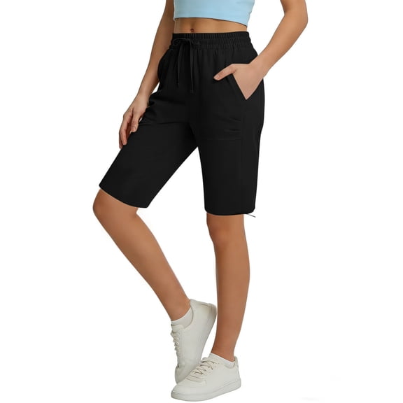 ZHYou Sweat Shorts for Women Pull On Casual Drawstring Stretch Athletic Long Sweatshorts with Pockets,Black,Size L
