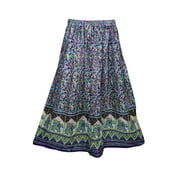 Mogul Womens Ethnic Long Skirt Floral Print Cotton Blend Blue Purple A-line Flirty Boho Chic Gypsy Skirts