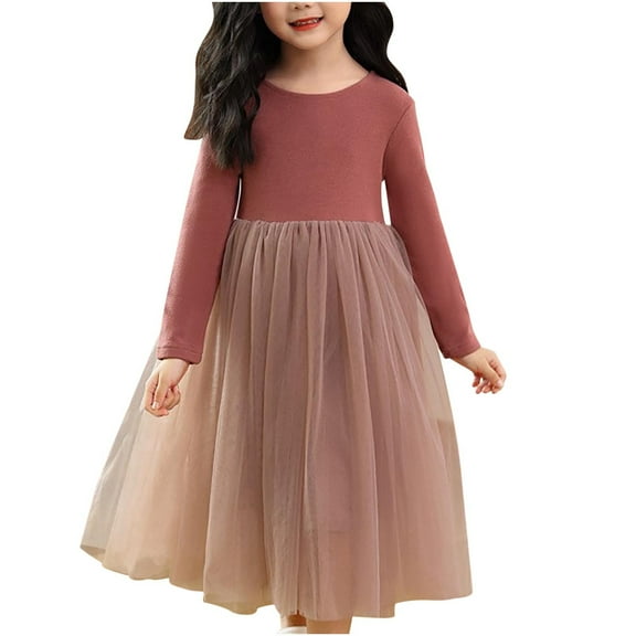 GigrtiJin Children's Girls Long Sleeve Dresses Fashion Round Neck Solid Color Mesh Dress Casual Cute Comfy Dress