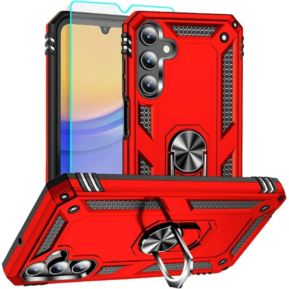 for Samsung Galaxy A15 5G Case with HD Screen Protector : Military Grade 16ft Drop Tested Ring Shockproof Protective Phone Case - Samsung Galaxy A15 Red