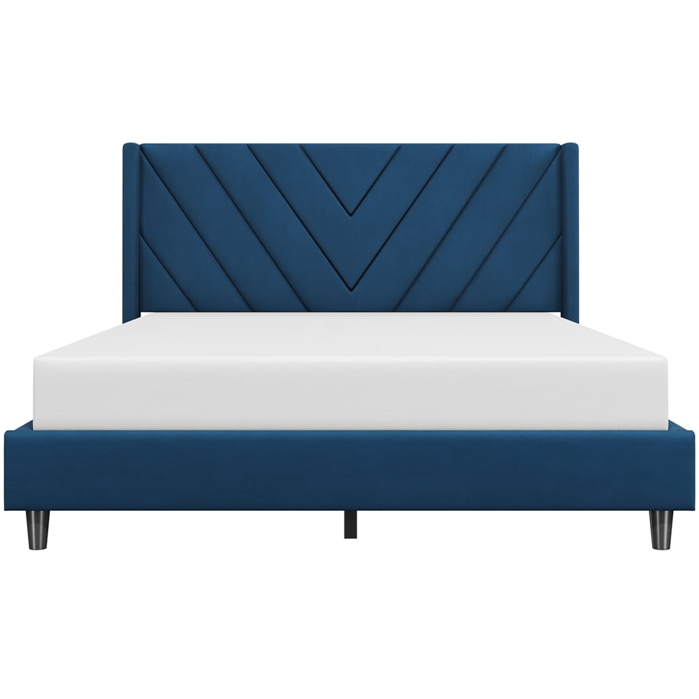 Yaheetech Upholstered Platform Bed with Tufted Headboard and Wing Side, Queen, Blue