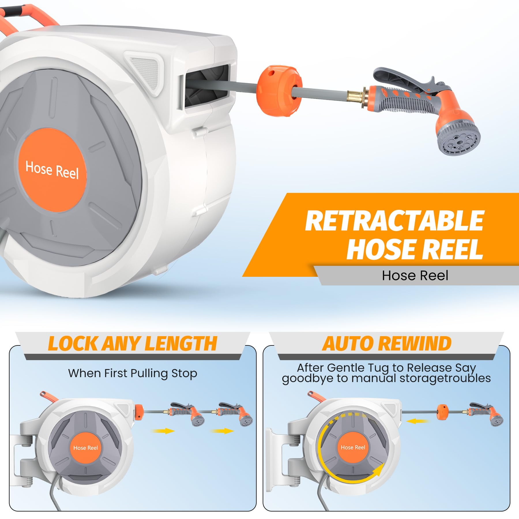 Retractable Garden Hose Reel, with 9 Patterns Nozzle, Any Length Lock, Upgraded Slow Return System and 180°Swivel Bracket, 5/8 Inch x 100 ft Wall Mounted