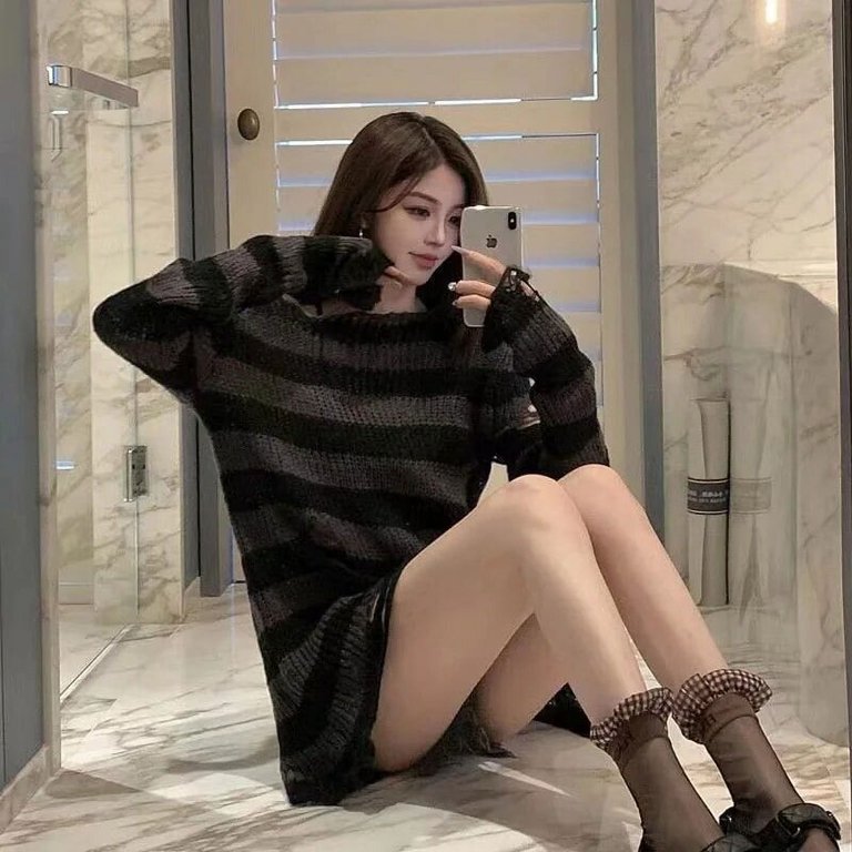 トップス NOTRE emor back open half knit New Punk Gothic Long Unisex Sweater Summer Women Striped