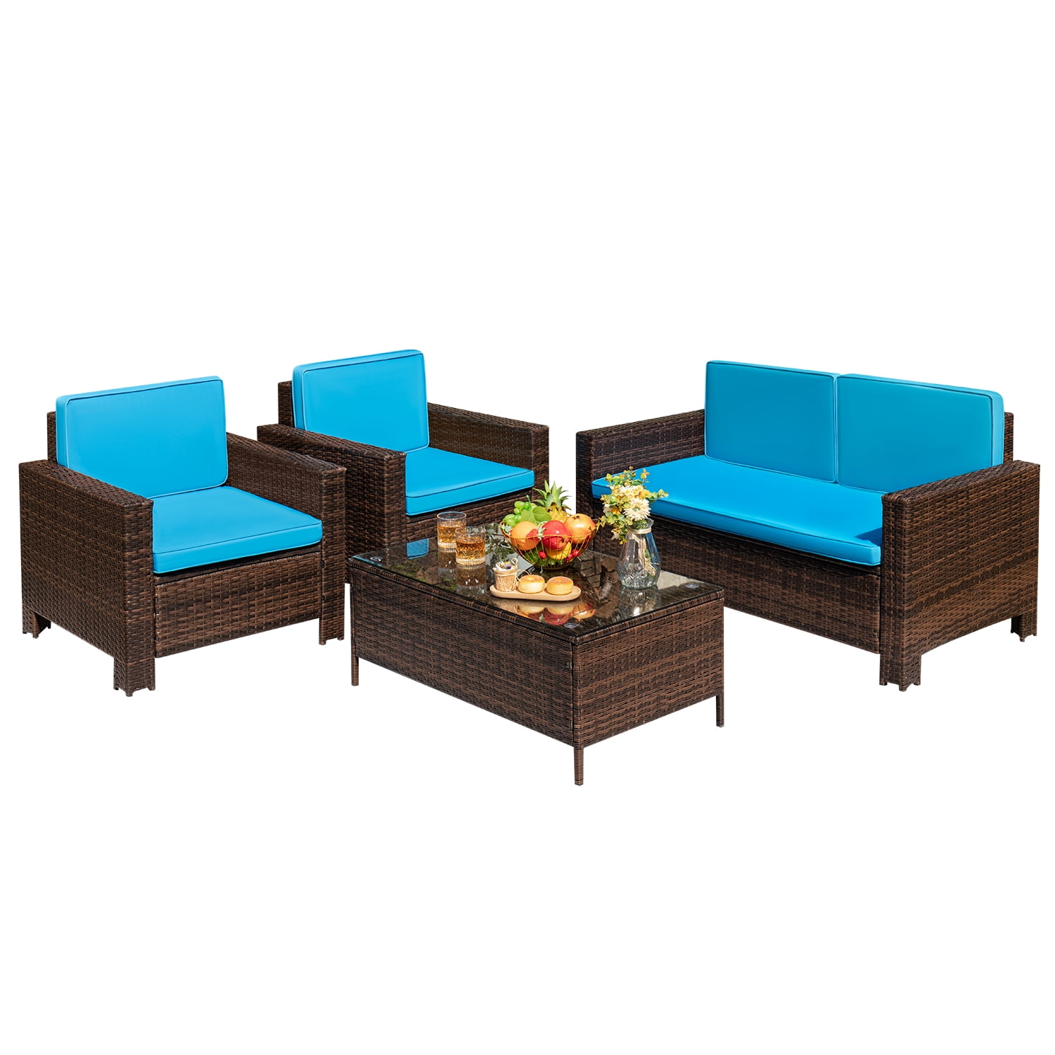 Devoko 4 Pieces Patio Conversation Set PE Rattan Wicker , Blue