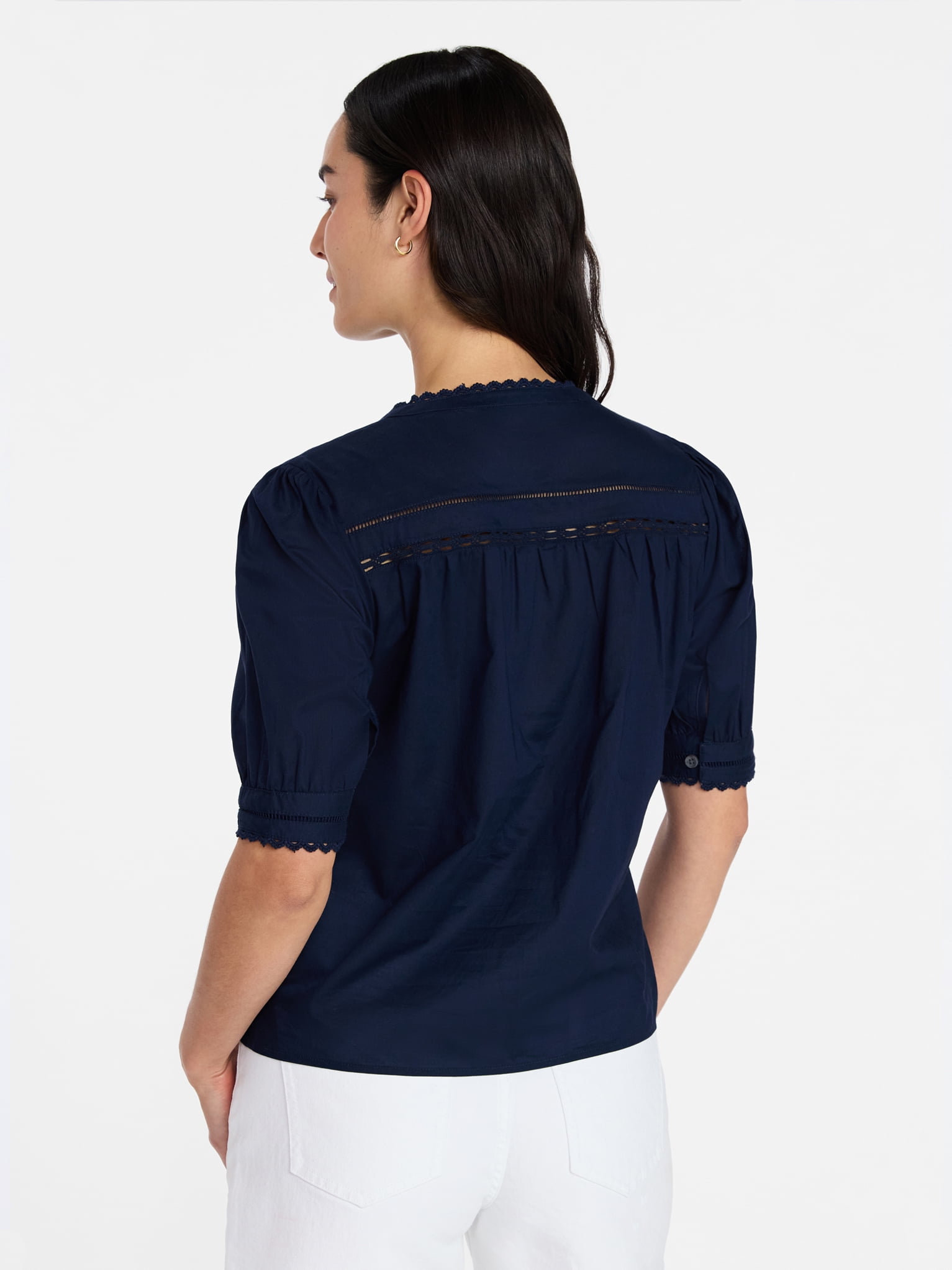 Time and Tru Women's and Women's Plus Lace Inset Button Front Cotton Shirt with Short Sleeves, Sizes XS-4X