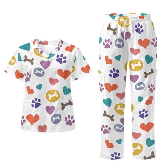 Yspwyqan Scrubs for Women Set, 2 Piece V-Neck Short Sleeve Scrub Top & Straight Leg Pants, Stretchy Breathable Colorful Pet Paw Medical Uniforms with 6 Pockets for Nurse Vet, Size S