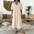 thumbnail image 2 of Women's Shirt Dresses Collared Short Sleeve Maxi Dress Breathable Relaxed Fit Vacation Resort Summer Dress Beige M, 2 of 6