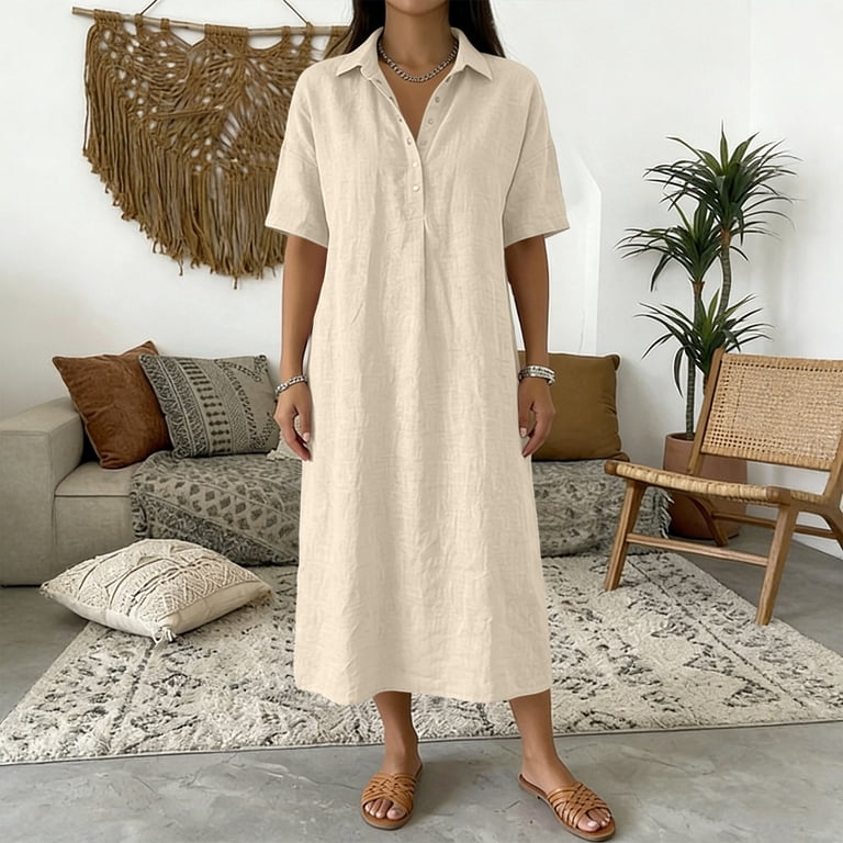 Ruimatai Women's Linen Shirt Dress Short Sleeve Collared V Neck Loose Fit Casual Dresses for Effortless Everyday Style, Size: XL, Beige