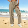 thumbnail image 3 of Mifsaly Lightweight Cargo Pants for Women Cotton Linen Elastic Waist Drawstring Causal Summer Pants with Multi Pockets Loose Relaxed Fit Outdoor Lounge Outfits Khaki,M, 3 of 5